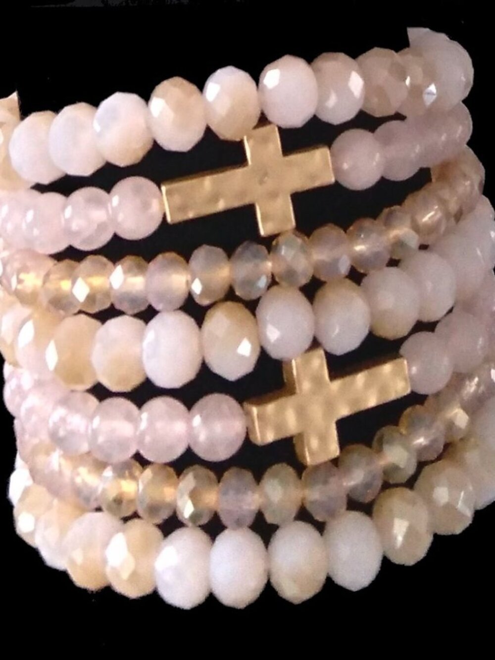 Handcrafted Rose Quartz Cross Charm Stretch Bracelet Stack